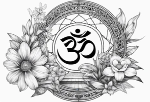 om symbol, sparrow, sunrays, staircase, cosmos, iris, daisy tattoo idea
