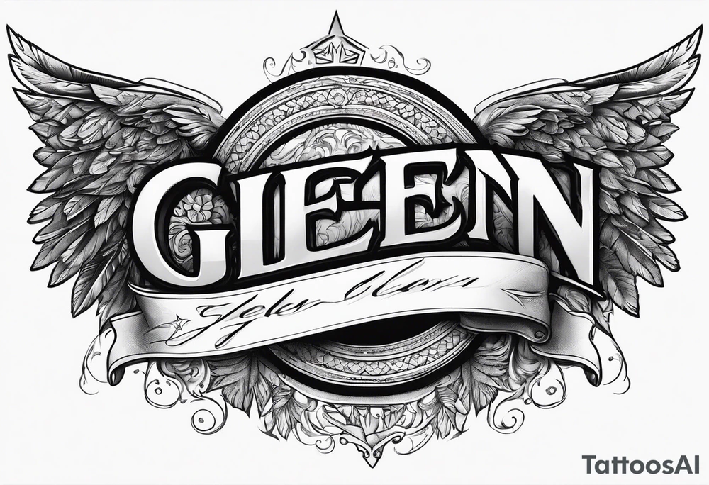 The word Glenn on a banner with angel Wings tattoo idea