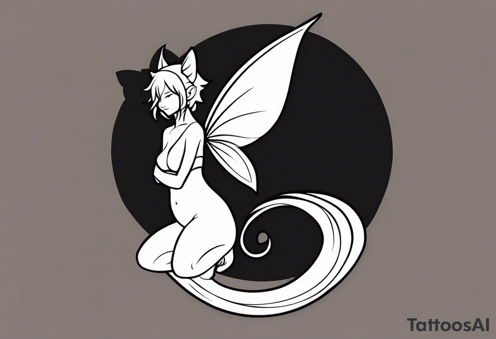 A fairy with a tail inspired by the logo of the show called Fairy Tail in a fetal position leaning in tattoo idea