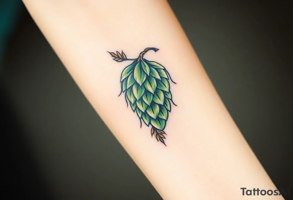 A detailed hop cone with deep green and golden hues, wrapped in barley stalks, symbolizing the essence of brewing tattoo idea