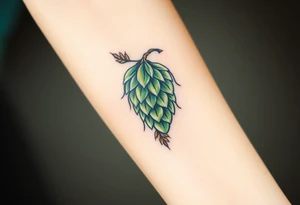 A detailed hop cone with deep green and golden hues, wrapped in barley stalks, symbolizing the essence of brewing tattoo idea