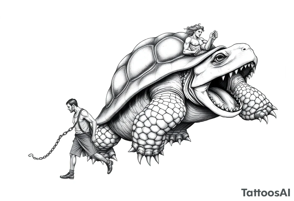 A giant man walking 2 slaves on a chain leash an angry turtle with huge teeth with a little man riding on his back tattoo idea