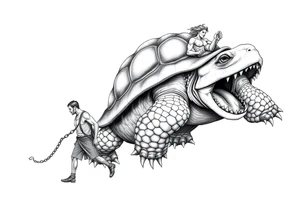 A giant man walking 2 slaves on a chain leash an angry turtle with huge teeth with a little man riding on his back tattoo idea