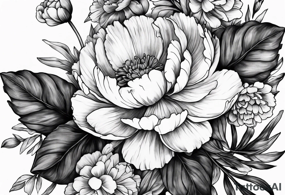 A stemless marigold, peony, and narcissus tattoo idea