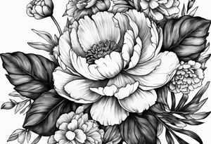 A stemless marigold, peony, and narcissus tattoo idea