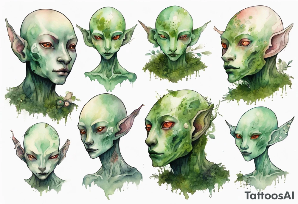 a thin bald humanoid creature covered in moss with white eyes tattoo idea