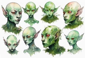 a thin bald humanoid creature covered in moss with white eyes tattoo idea