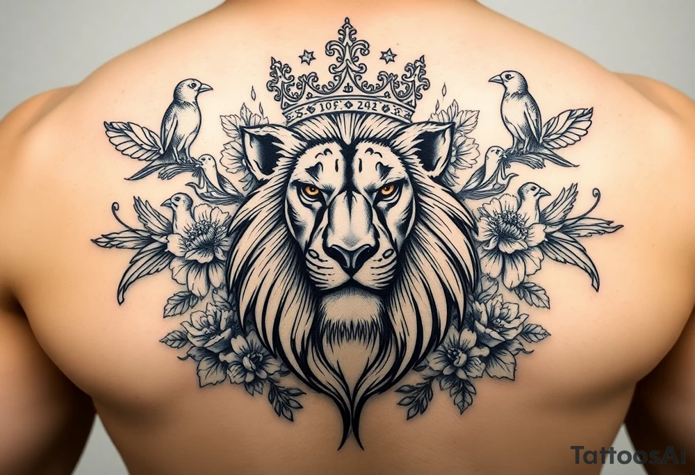 powerful majestic lion with a crown, surrounded by floral ornaments and birds tattoo idea