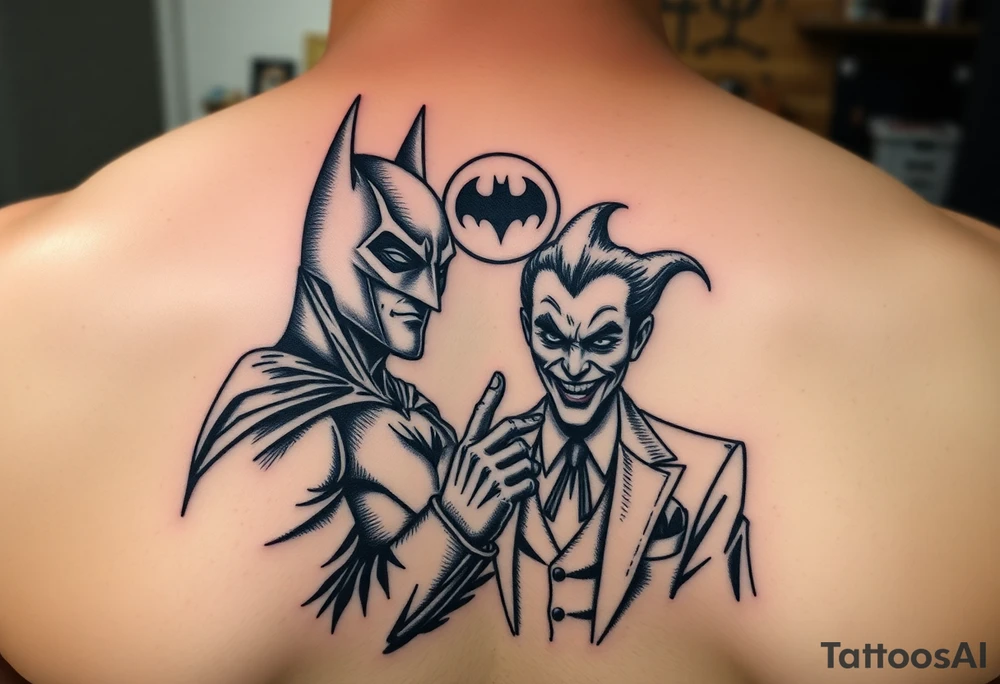 Batman and joker in Gotham with bat signal top center tattoo idea
