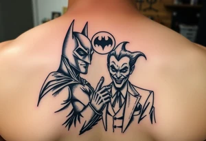 Batman and joker in Gotham with bat signal top center tattoo idea