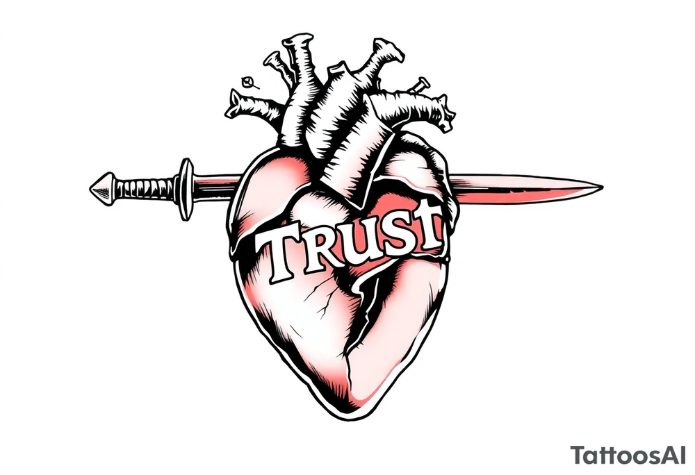 Anatomical heart torn and ripped being held together with the word trust as a elegant sword. tattoo idea