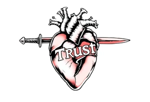 Anatomical heart torn and ripped being held together with the word trust as a elegant sword. tattoo idea