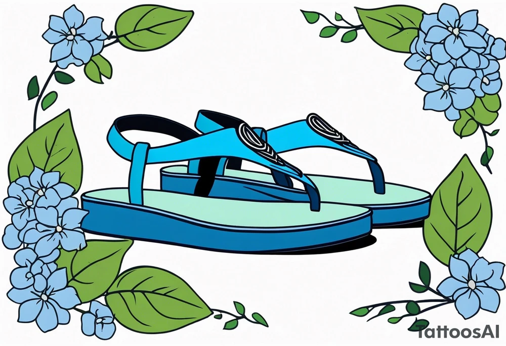 small tattoo of a pastel blue flip flop surrounded by blue and periwinkle hydrangea flowers with green leaves tattoo idea