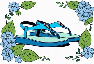 small tattoo of a pastel blue flip flop surrounded by blue and periwinkle hydrangea flowers with green leaves tattoo idea