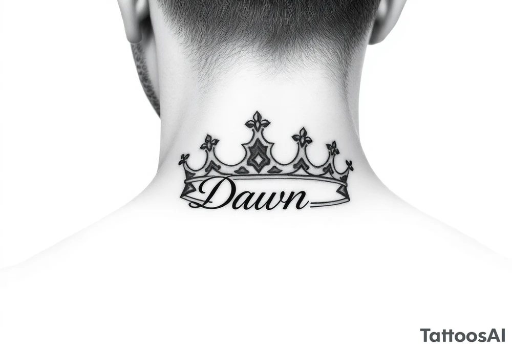 Crown with name Dawn on side of neck tattoo idea