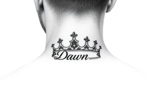 Crown with name Dawn on side of neck tattoo idea