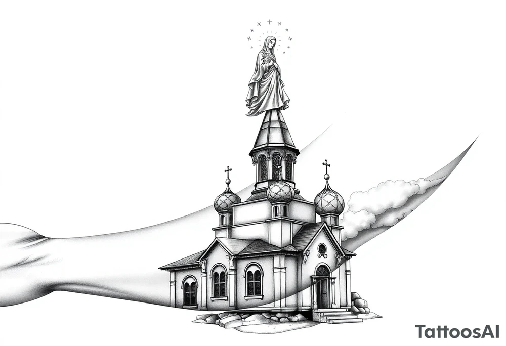 Russian Orthodox church with orthodox spire crosses, with clouds above it and a virgin mary over looking sat above tattoo idea