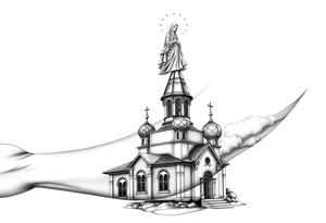Russian Orthodox church with orthodox spire crosses, with clouds above it and a virgin mary over looking sat above tattoo idea