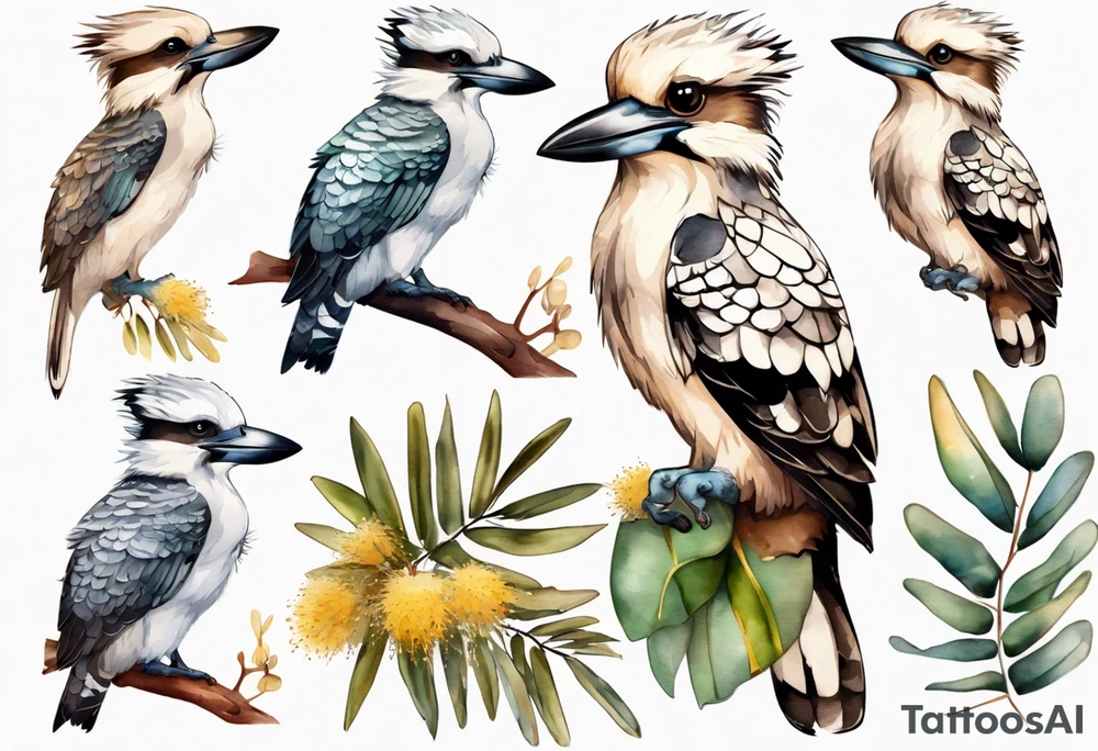 Cartoon kookaburra sitting on wattle and eucalyptus leaves tattoo idea