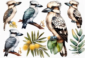 Cartoon kookaburra sitting on wattle and eucalyptus leaves tattoo idea