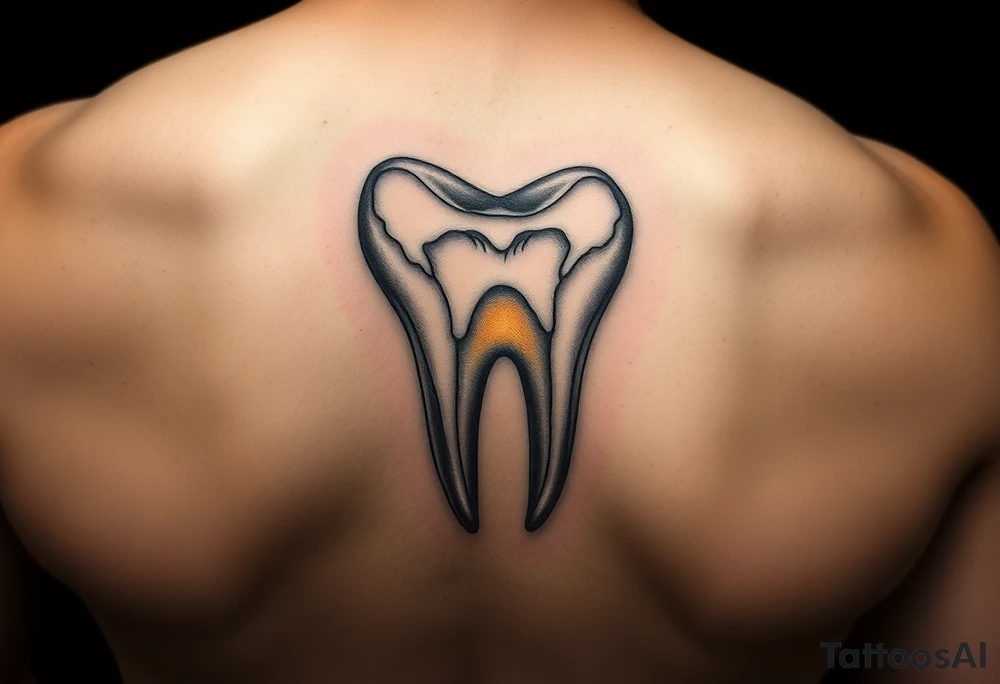 A molar tooth carved in marble, glowing from inside with a subtle golden light, realistic and artistic style tattoo idea