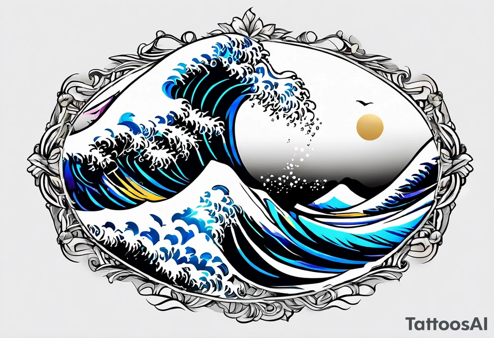 wave  "come what may" written underneath in cursive outside forearm not an oval tattoo idea