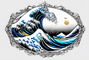 wave  "come what may" written underneath in cursive outside forearm not an oval tattoo idea