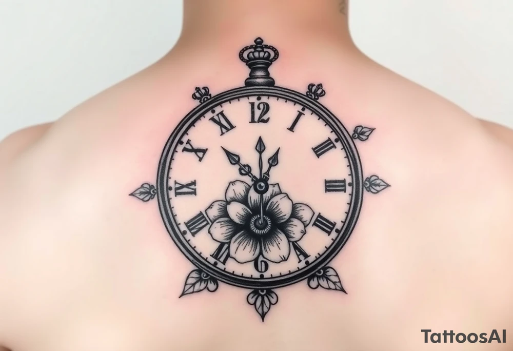 Clock with flower of love tattoo idea