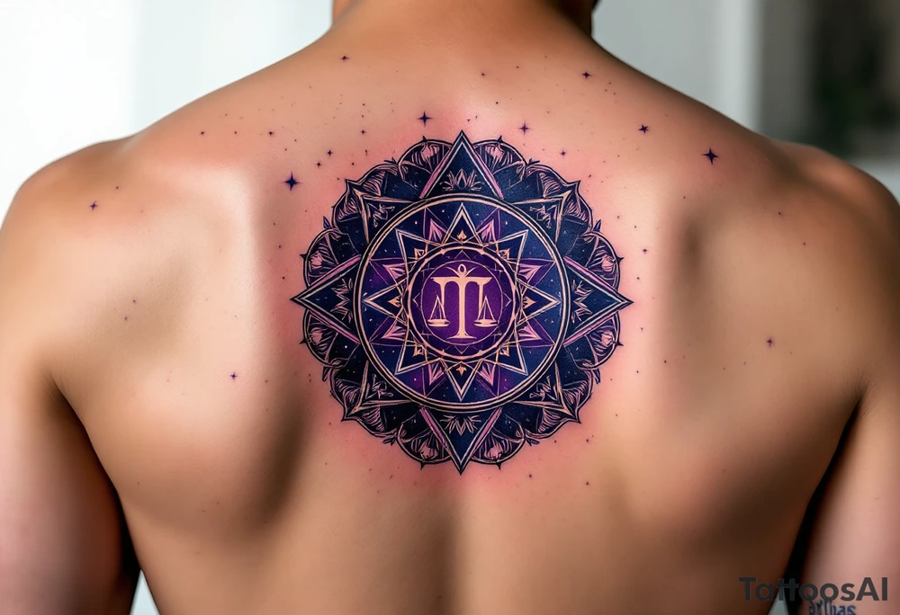 A  cosmic mandala in deep purple encircles the Libra constellation with the zodiac glyph at its heart. tattoo idea