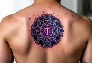 A  cosmic mandala in deep purple encircles the Libra constellation with the zodiac glyph at its heart. tattoo idea