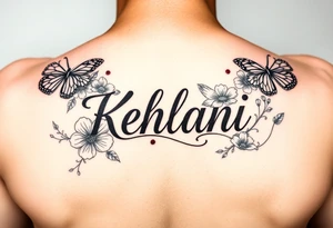 the name kehlani with flowers and butterflies red and black ink tattoo idea