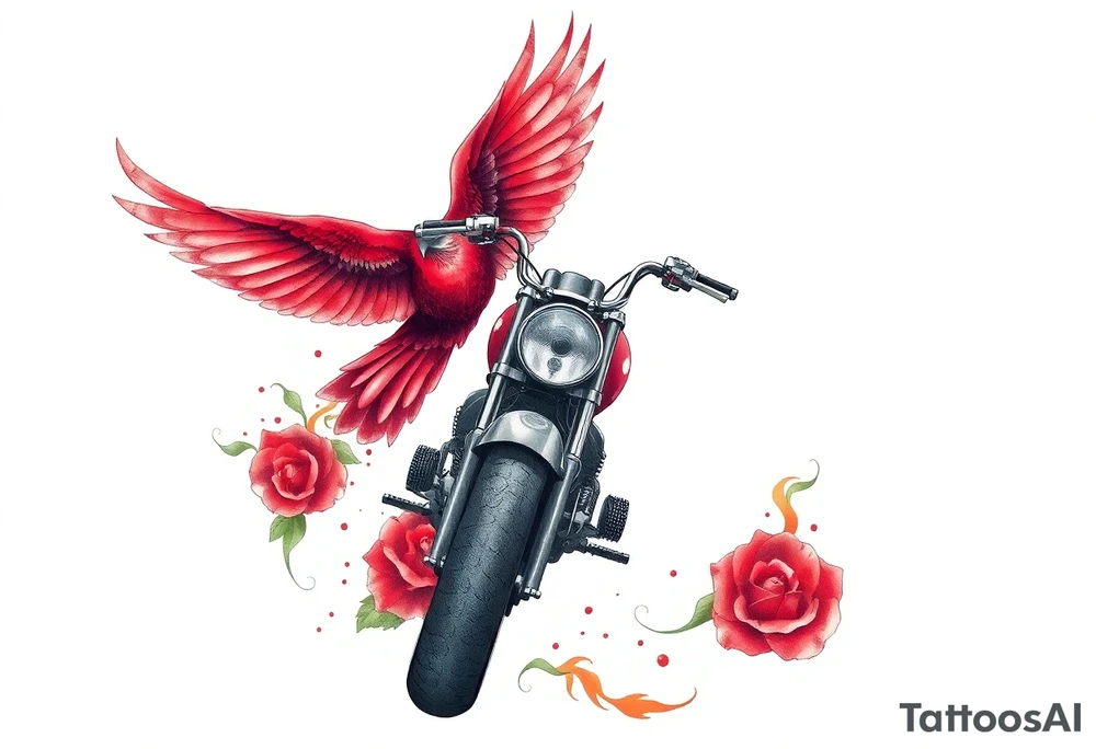 Motorcycle, red bird flying, roses and lace, flames tattoo idea