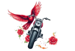 Motorcycle, red bird flying, roses and lace, flames tattoo idea