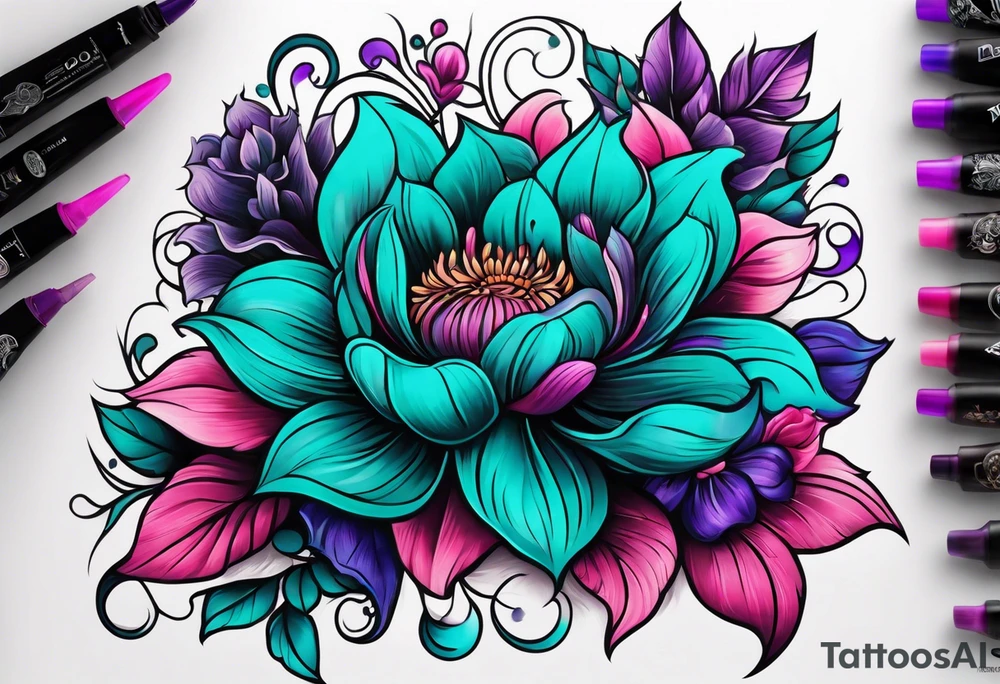 Teal, pink and purple flower sleeve tattoo idea