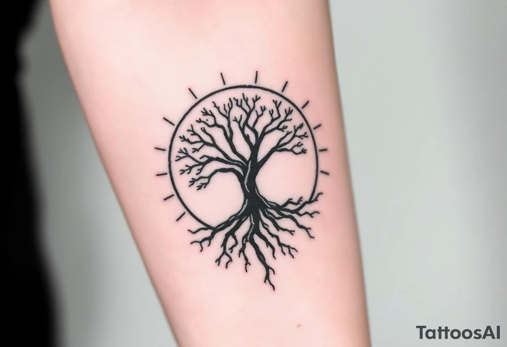 Tree inside of sun, spiral circle line moving roots to the right tattoo idea