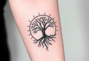 Tree inside of sun, spiral circle line moving roots to the right tattoo idea