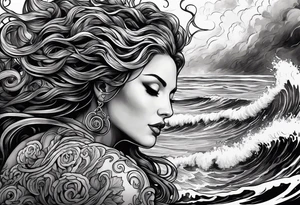 stormy sea waves, a woman in the middle of a storm, Medusa the Gorgon tattoo idea