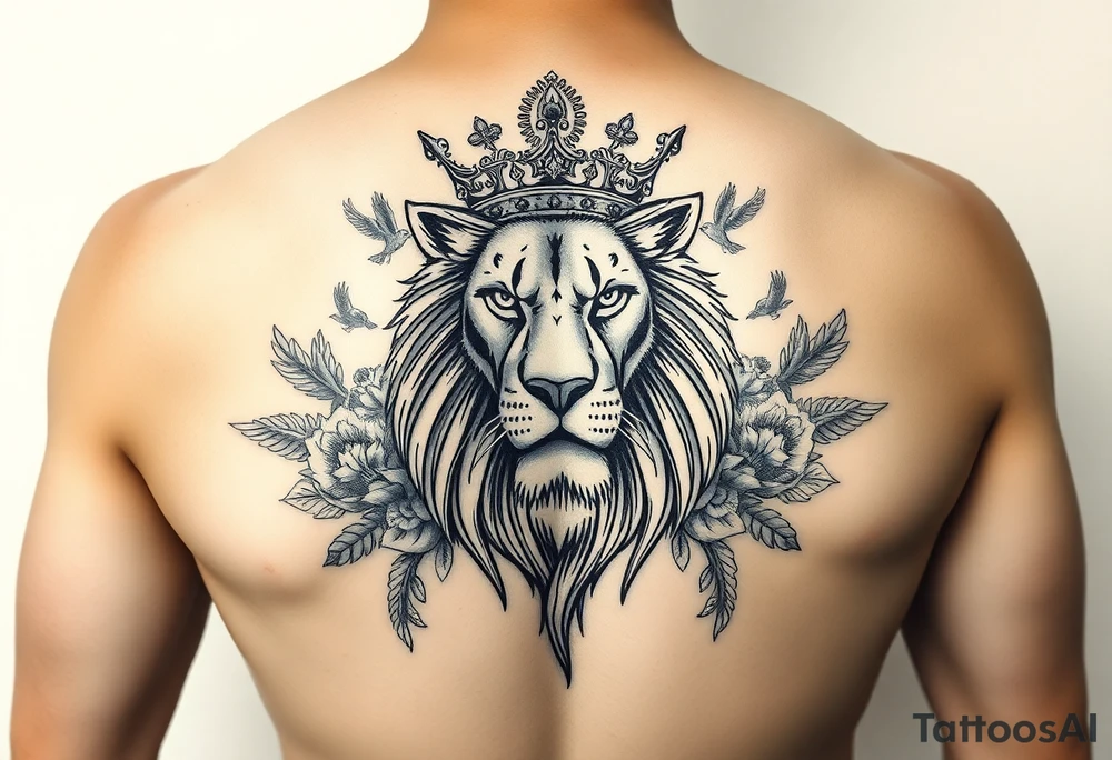 powerful majestic lion with a crown, surrounded by floral ornaments and birds tattoo idea