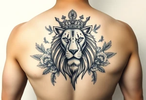 powerful majestic lion with a crown, surrounded by floral ornaments and birds tattoo idea