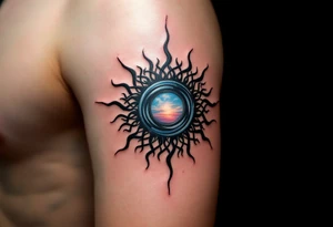 With spirals of cobalt and charcoal, this Celtic sun combines sky and shadow on the upper arm. tattoo idea