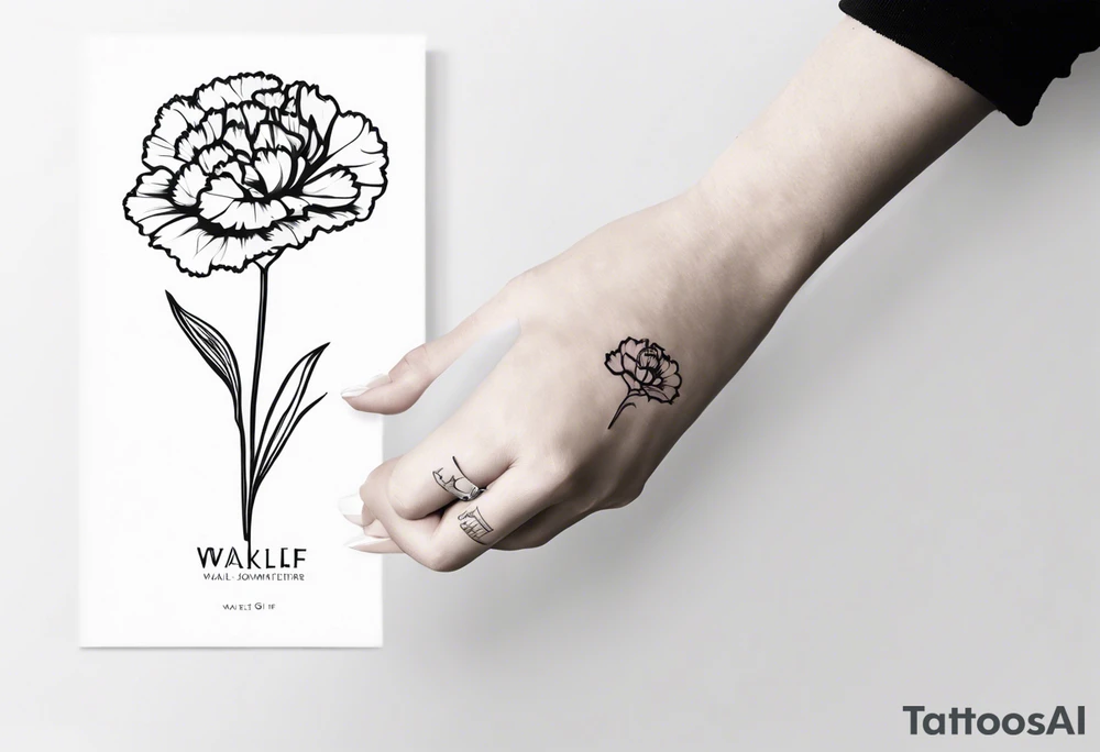 Black and white outline of a carnation flower. Outline of hands holding the flower. Phrase “walk of life” placed somewhere discretely tattoo idea