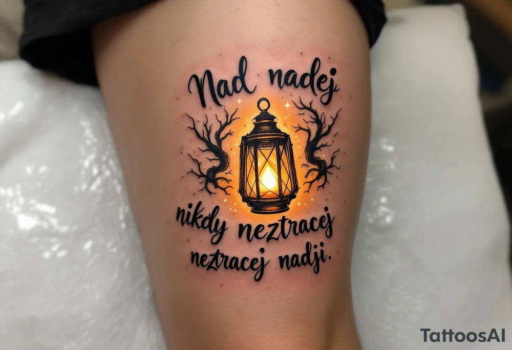 "Nad nadeji nikdy neztracej nadeji." — A glowing lantern in darkness, inked in warm yellows and golds, lighting up the quote around it in clean black serif. tattoo idea