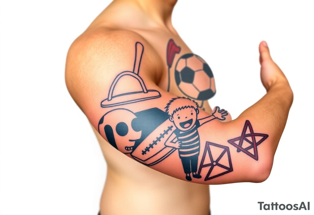 Childhood memories of a book, a bucket and spade, a football, a cricket bat, a cartoon of Dennis the Menace from the Beano comic, and the American Idiot symbol tattoo idea
