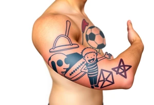 Childhood memories of a book, a bucket and spade, a football, a cricket bat, a cartoon of Dennis the Menace from the Beano comic, and the American Idiot symbol tattoo idea
