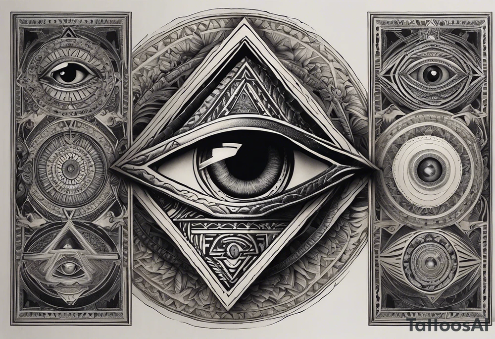 A full tattoo sleeve designed with a masculine and impactful aesthetic, featuring a central motif of a detailed eye enclosed within an equilateral triangle, symbolizing the all-seeing eye or third eye. The eye is intricately detailed, with shading that emphasizes depth and insight, while the equilateral triangle frames it with precision, enhancing its symbolic meaning. Surrounding this central element, incorporate roses and leaves, rendered with rich, detailed shading. The roses, symbolizing beauty and strength, and the leaves, adding natural elegance, are intertwined to create a seamless flow around the central eye. The shading throughout the design is deep and dramatic, adding contrast and depth to both the eye and the floral elements. The overall aesthetic focuses on strong shading and contrast to highlight the intricacies of the design, resulting in a powerful, masculine sleeve with a captivating balance between symbolic and artistic elements tattoo idea