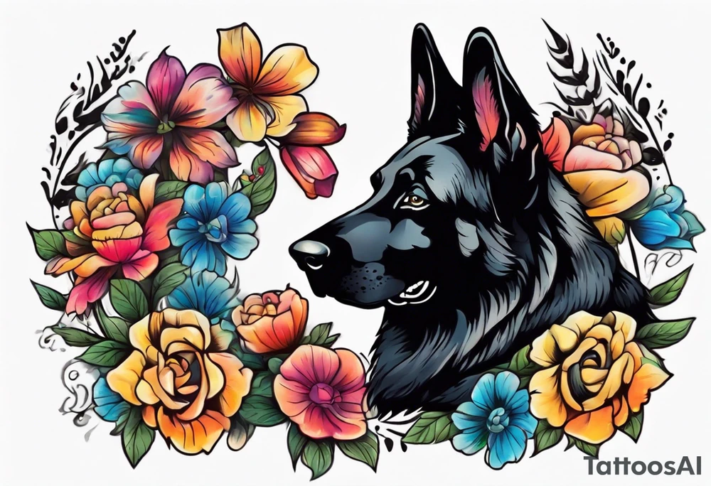 Black German shepherd portrait brightly colored with flowers tattoo idea