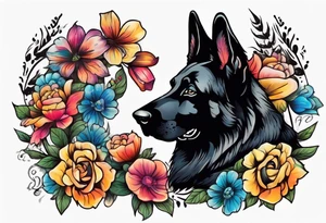 Black German shepherd portrait brightly colored with flowers tattoo idea
