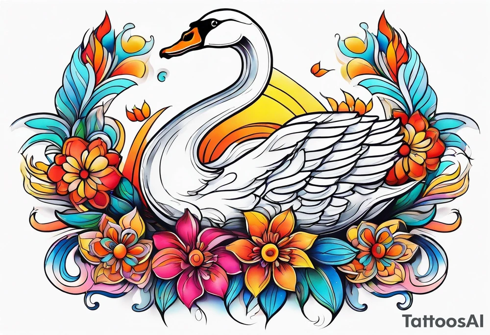 Colorful swan tattoo with flowers tattoo idea