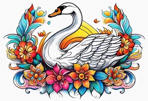 Colorful swan tattoo with flowers tattoo idea