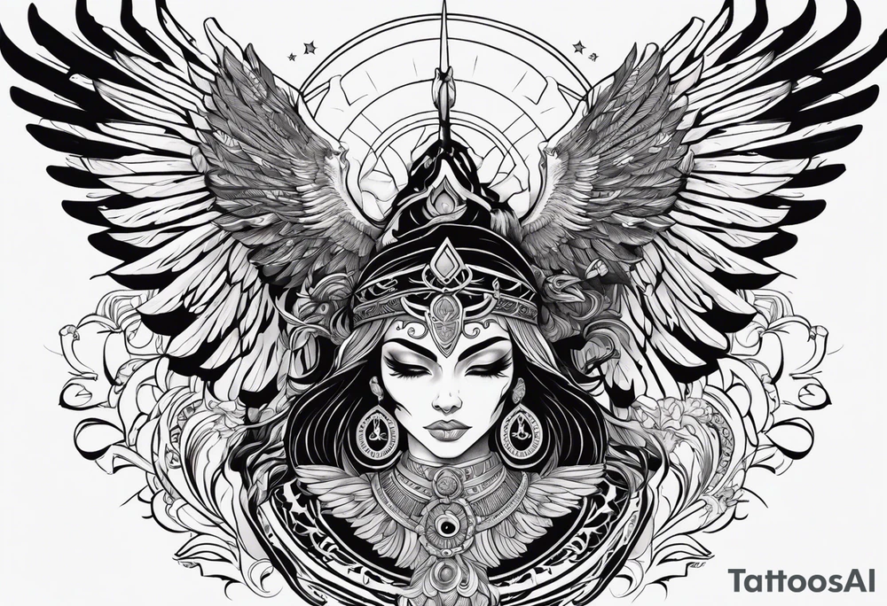 black kali, goddess pirate, alien, angel, pachamama, valkrye, warrior, flying, skull, lotus azul, wing, eagle, zenza resonance, stars, 5D, anahata chakra, death, durga, riding on a tiger, flying lady tattoo idea